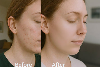 Before and after comparison of a person's neck and shoulders with visible acne on the left side.